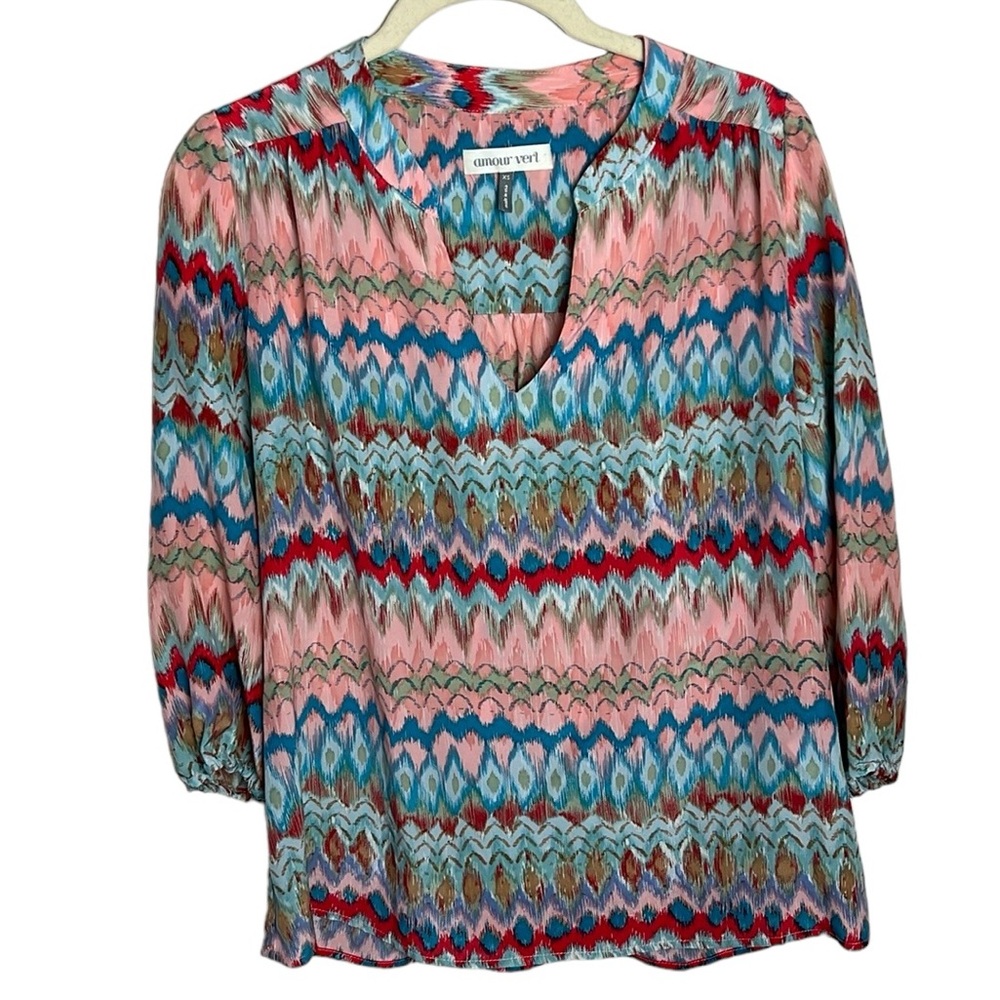 Amour Vert Gazele Boho Abstract Print Silk Blouse Sz XS